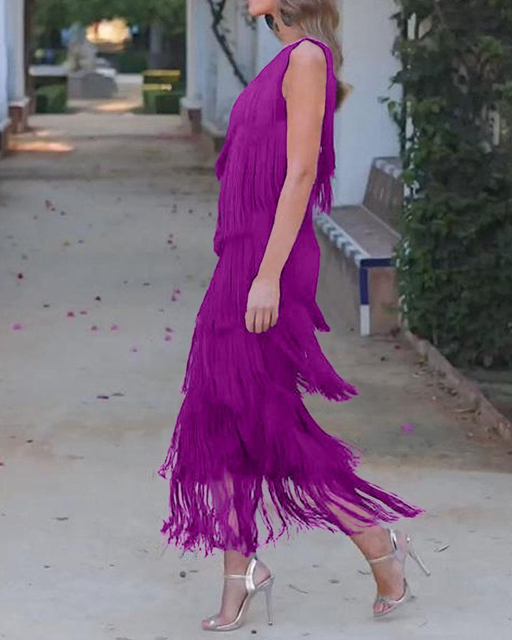 Maya-Off Shoulder elegant fringe dress