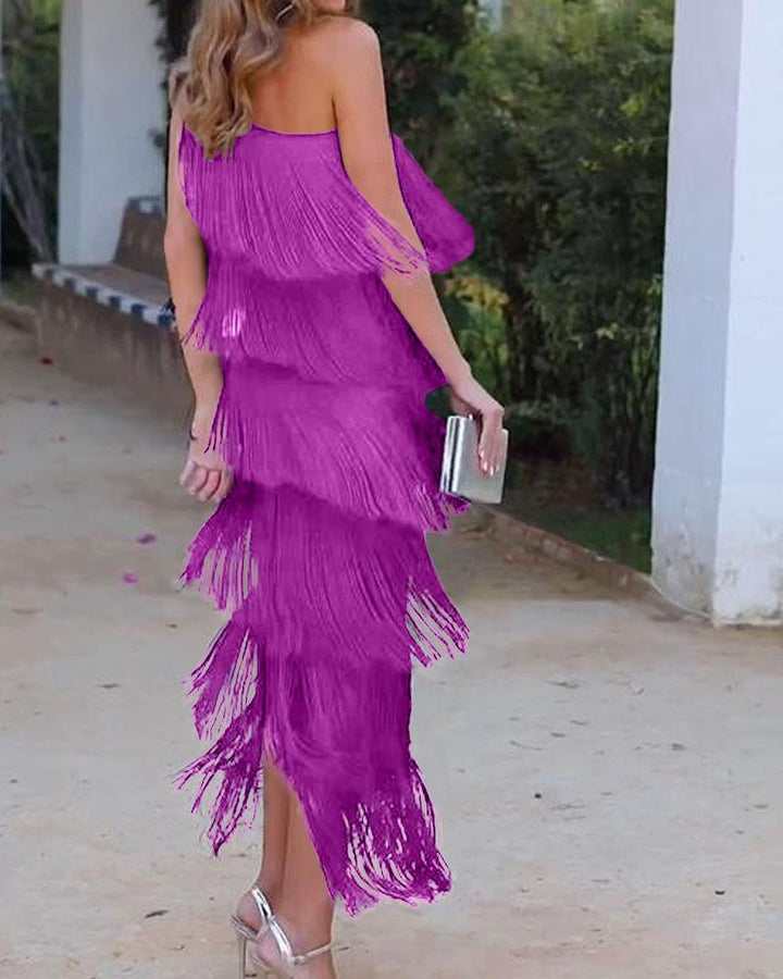 Maya-Off Shoulder elegant fringe dress