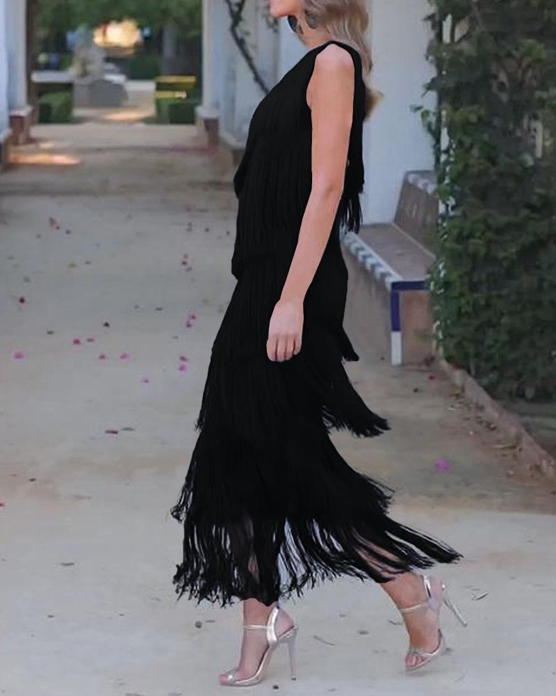 Maya-Off Shoulder elegant fringe dress