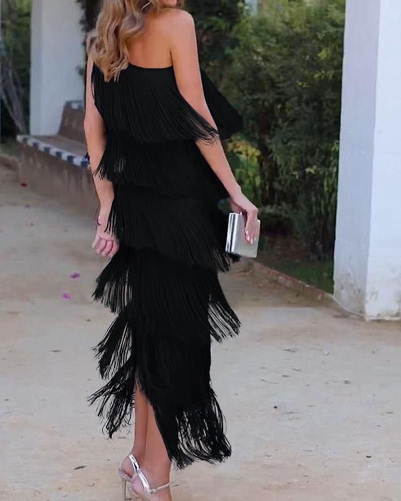 Maya-Off Shoulder elegant fringe dress