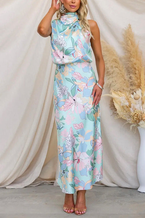 Regular Tie Neck Waisted Floral Printed Maxi Satin Dress