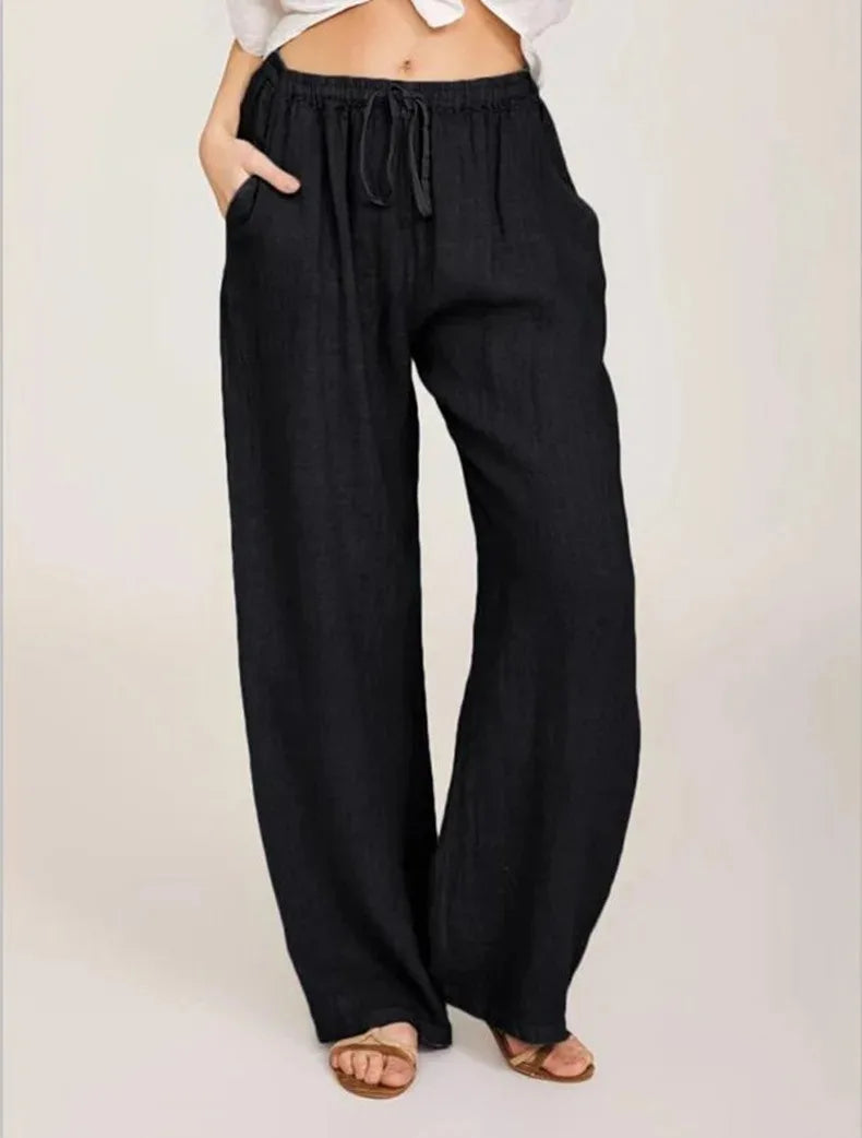 Harper - Cotton Linen Loose Solid Elastic Waist Trouser