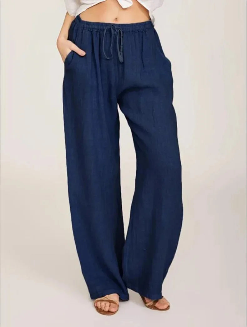 Harper - Cotton Linen Loose Solid Elastic Waist Trouser