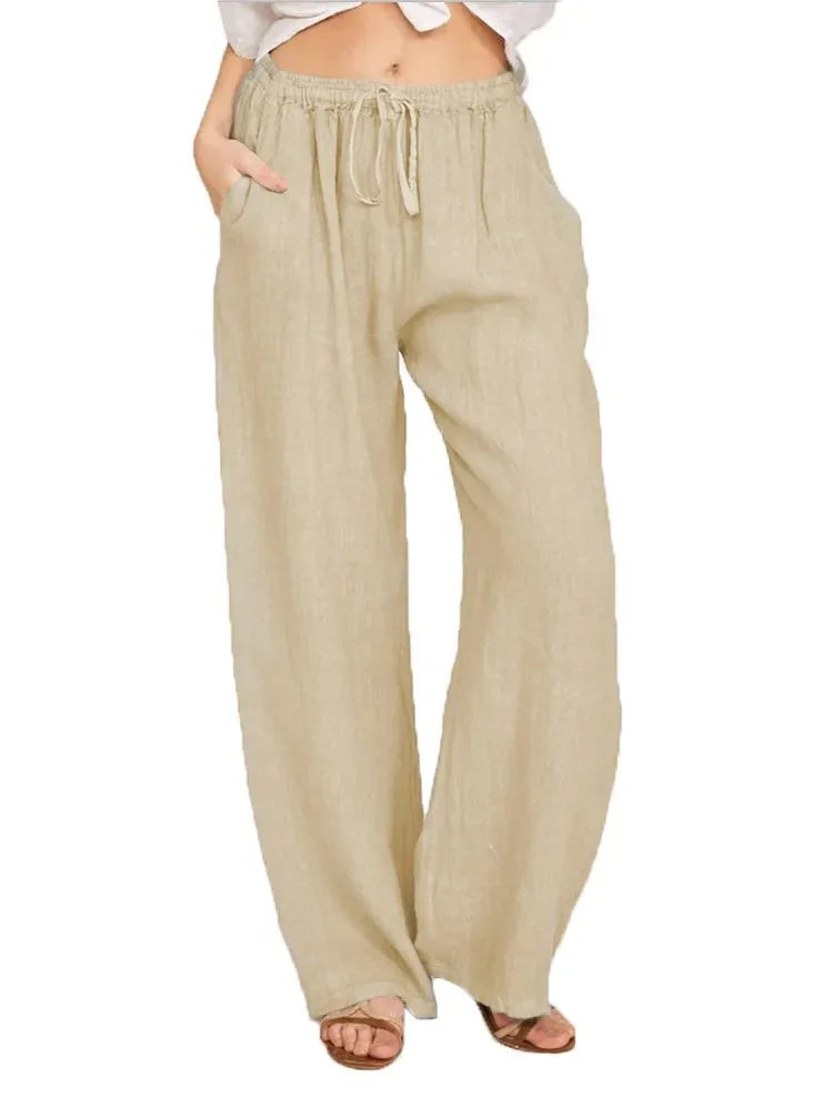 Harper - Cotton Linen Loose Solid Elastic Waist Trouser