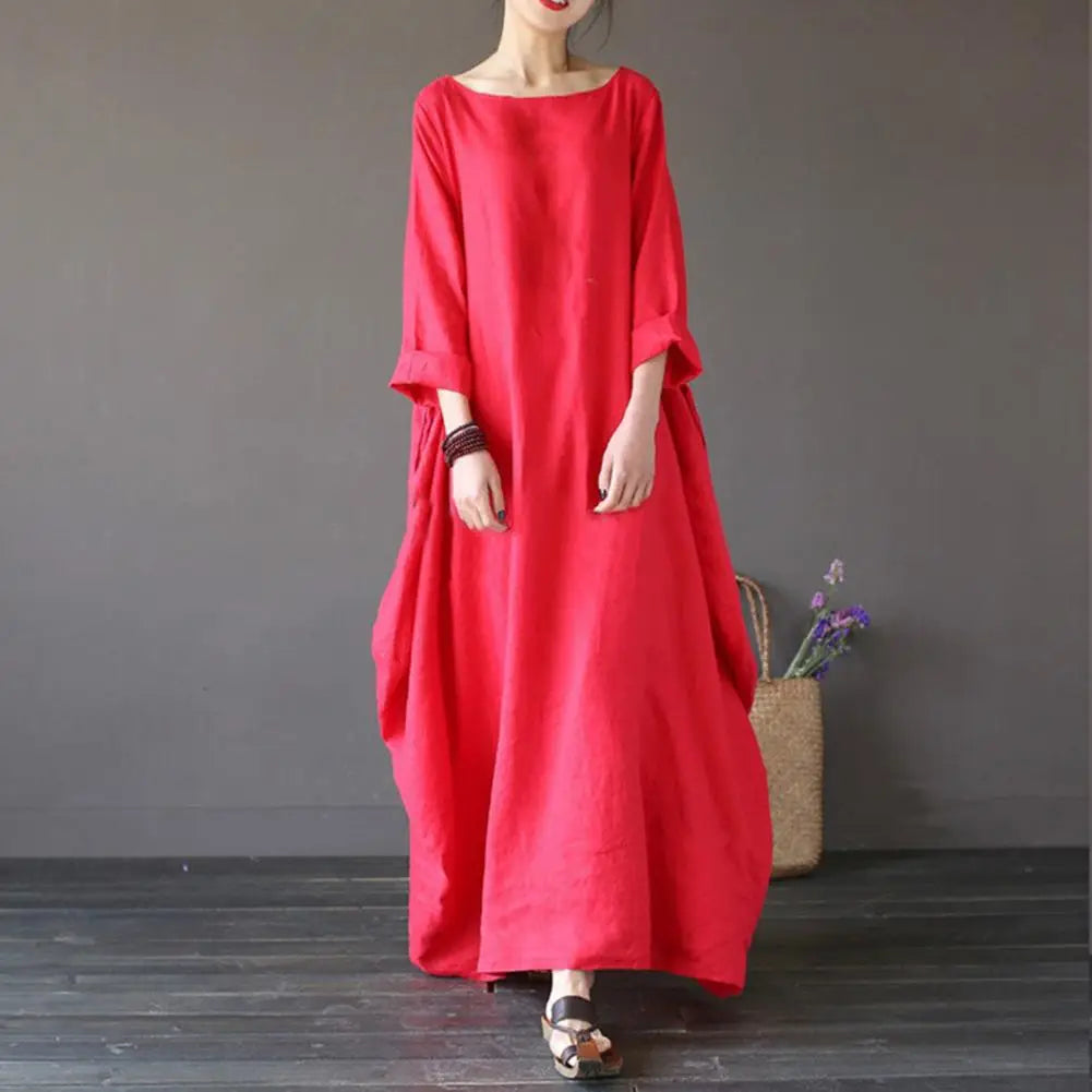 Eliza - Loose Oversized Round Neck Cotton Linen Maxi Dress