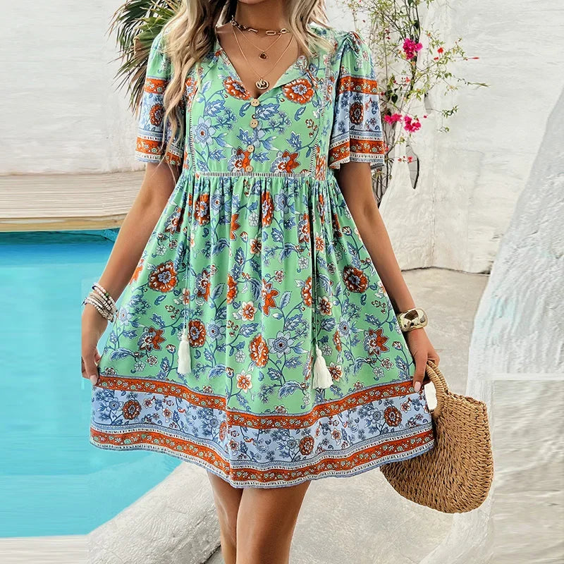 Ariana™ Floral V-Neck Boho Mini Dress