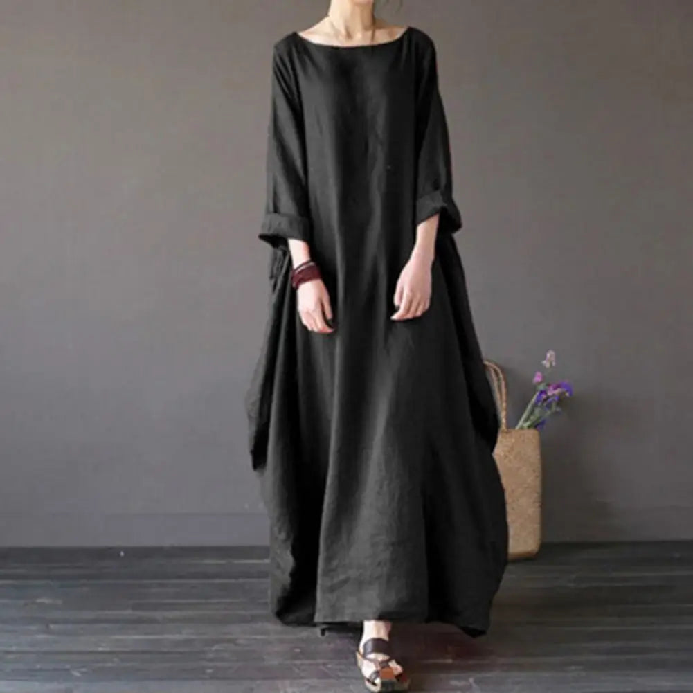 Eliza - Loose Oversized Round Neck Cotton Linen Maxi Dress