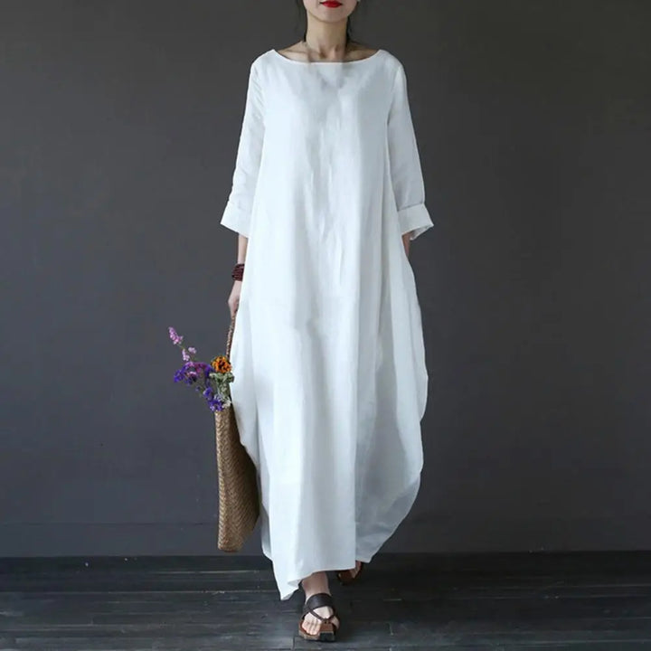 Eliza - Loose Oversized Round Neck Cotton Linen Maxi Dress