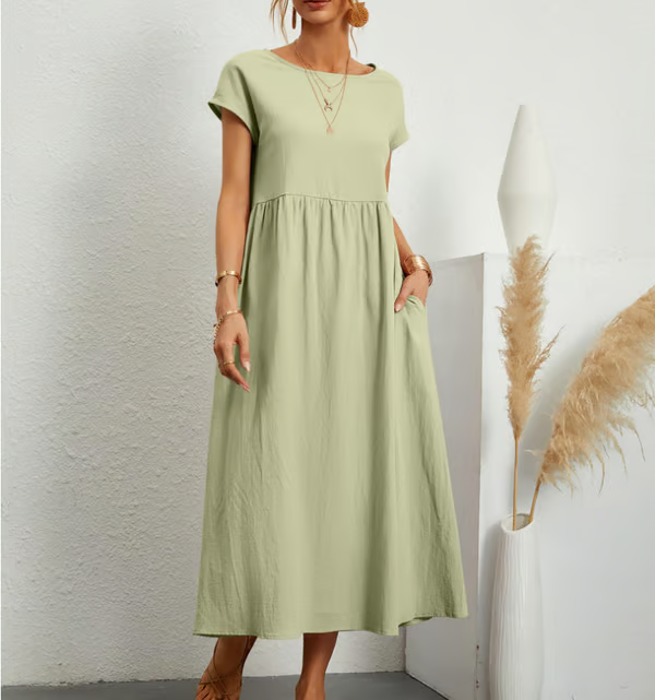 BREEZY COTTON-LINEN SLEEVELESS POCKET DRESS