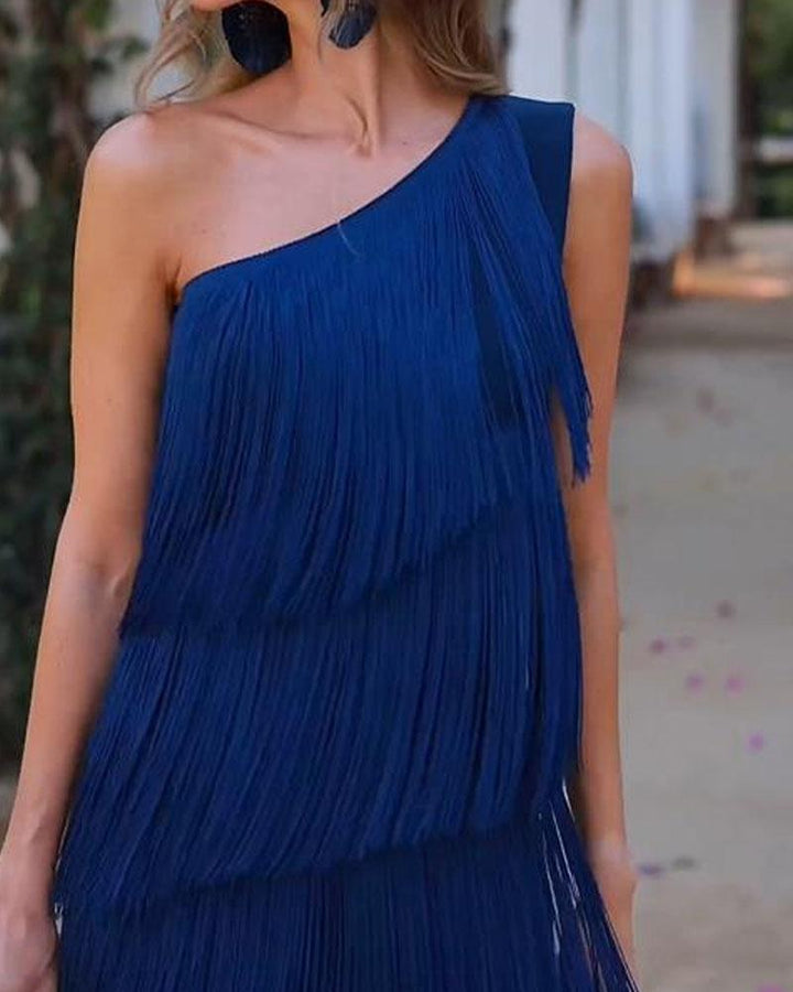 Maya-Off Shoulder elegant fringe dress