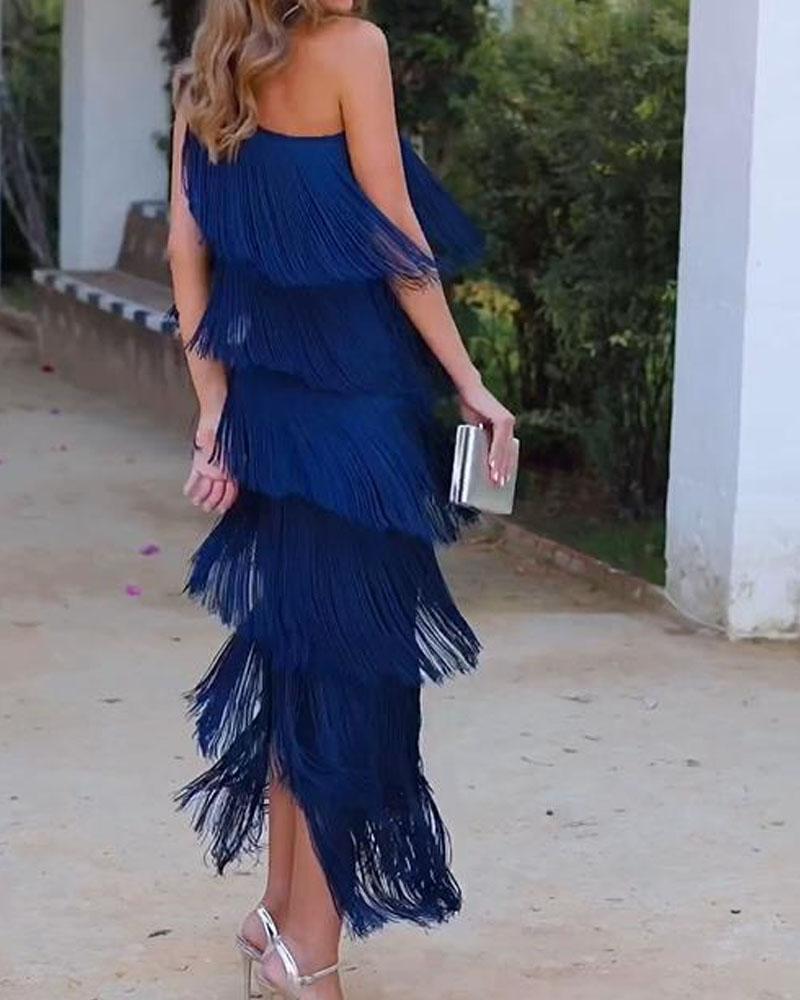 Maya-Off Shoulder elegant fringe dress